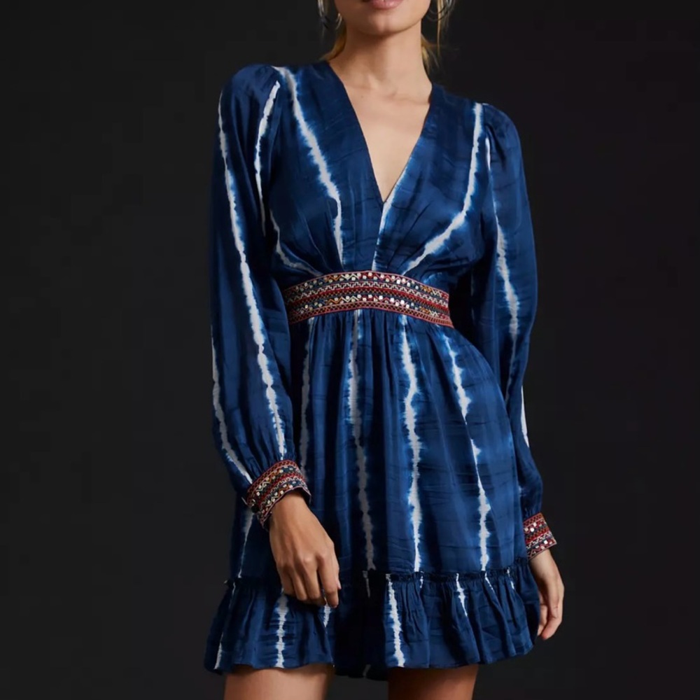💥$5 SALE💥 Anthropologie Verb by Pallavi Singhee Beaded Tie-Dye Mini Dress XXS Bl